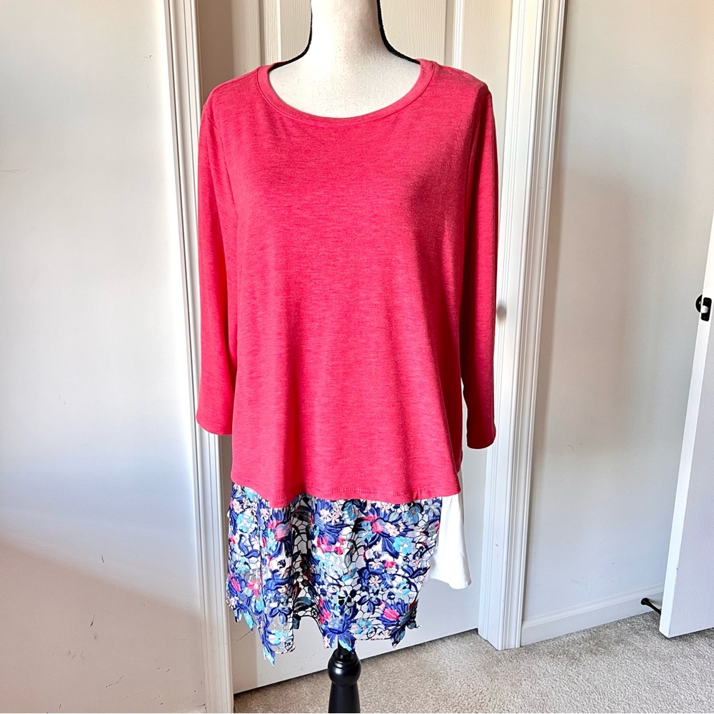 LOGO Lounge By LORI GOLDSTEIN Crocheted Lace Hem 3/4 Sleeve Tunic Top—SZ. XL